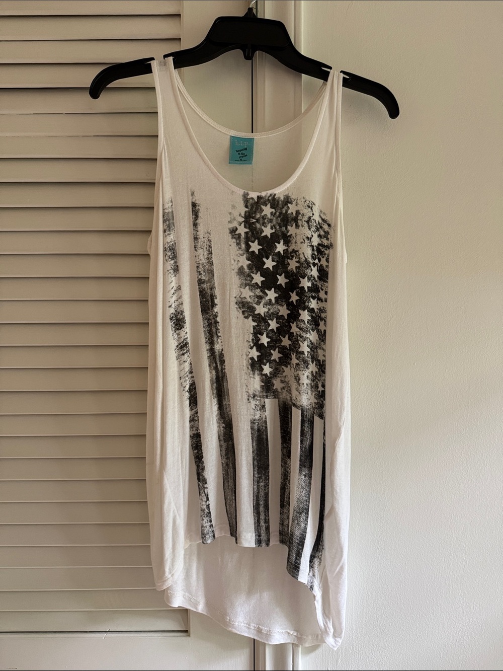 h.i.p. White Scoop Neck Tank with Distressed Black American Flag Print